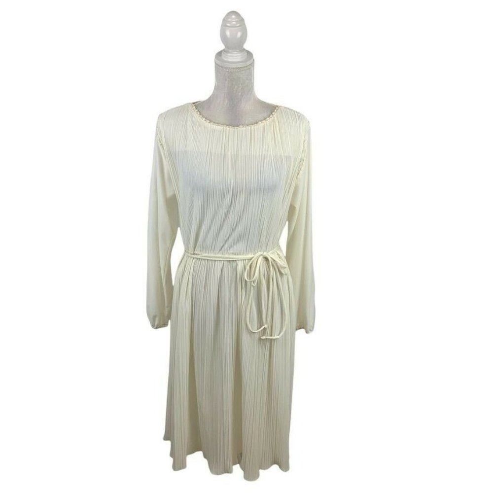Hal Ferman Ivory Pleated Midi Dress Crochet Lace Trim Semisheer No Size Tag‎ M/L